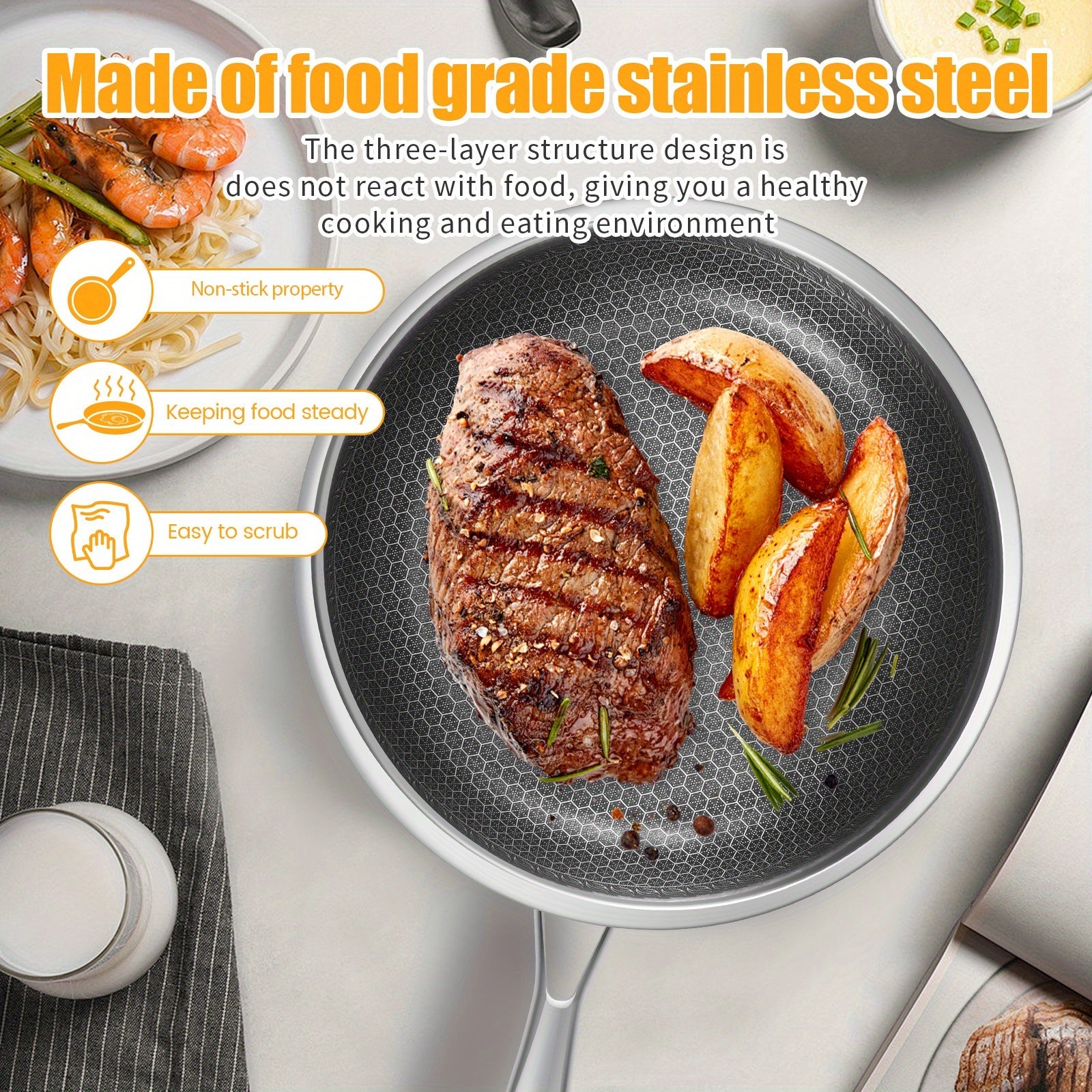 Stainless Steel Frying Pan with Lid 25.4cm Nonstick Induction Compatible