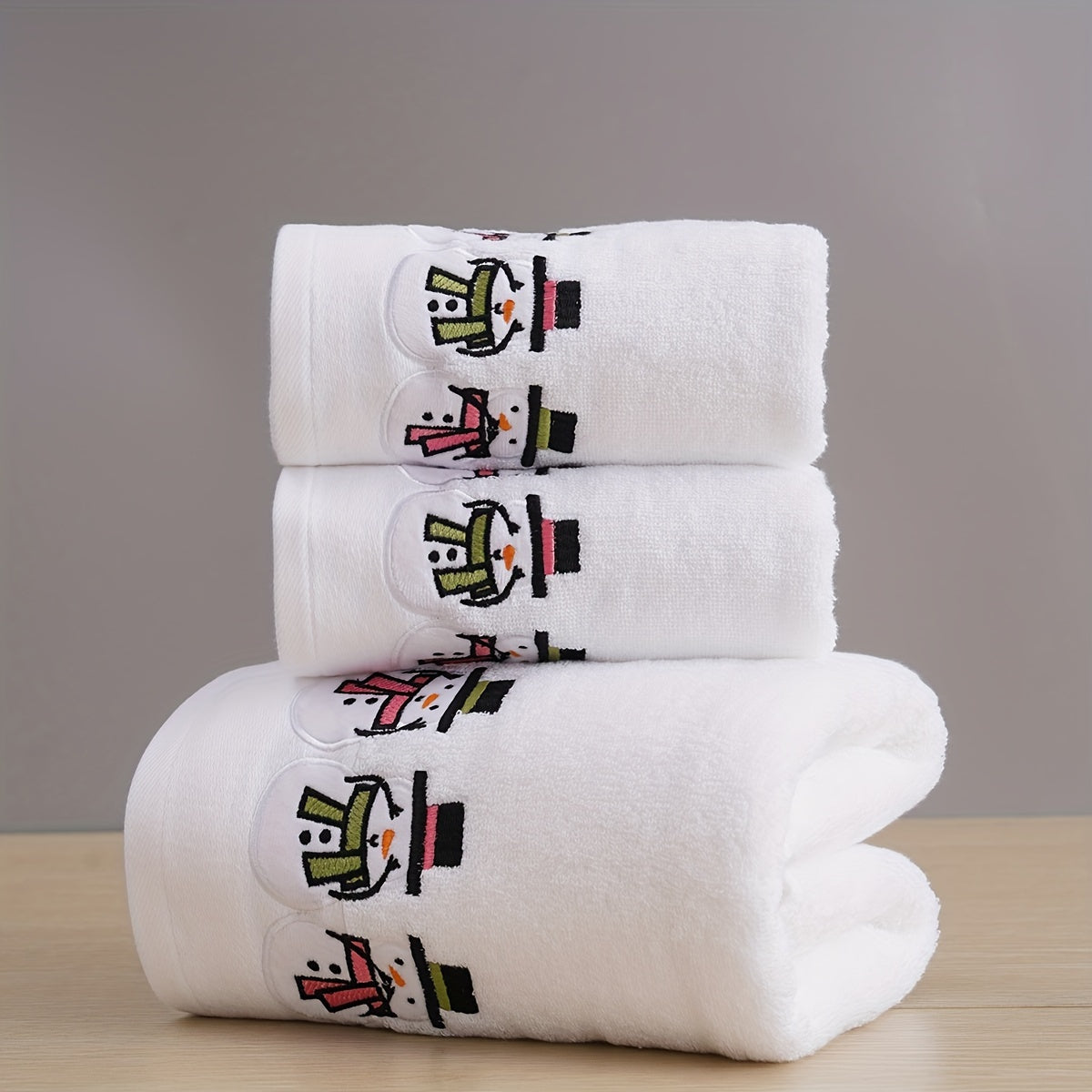 Christmas Snowman Embroidered Cotton Towel Set 2 Bath Towels for Holiday Gift