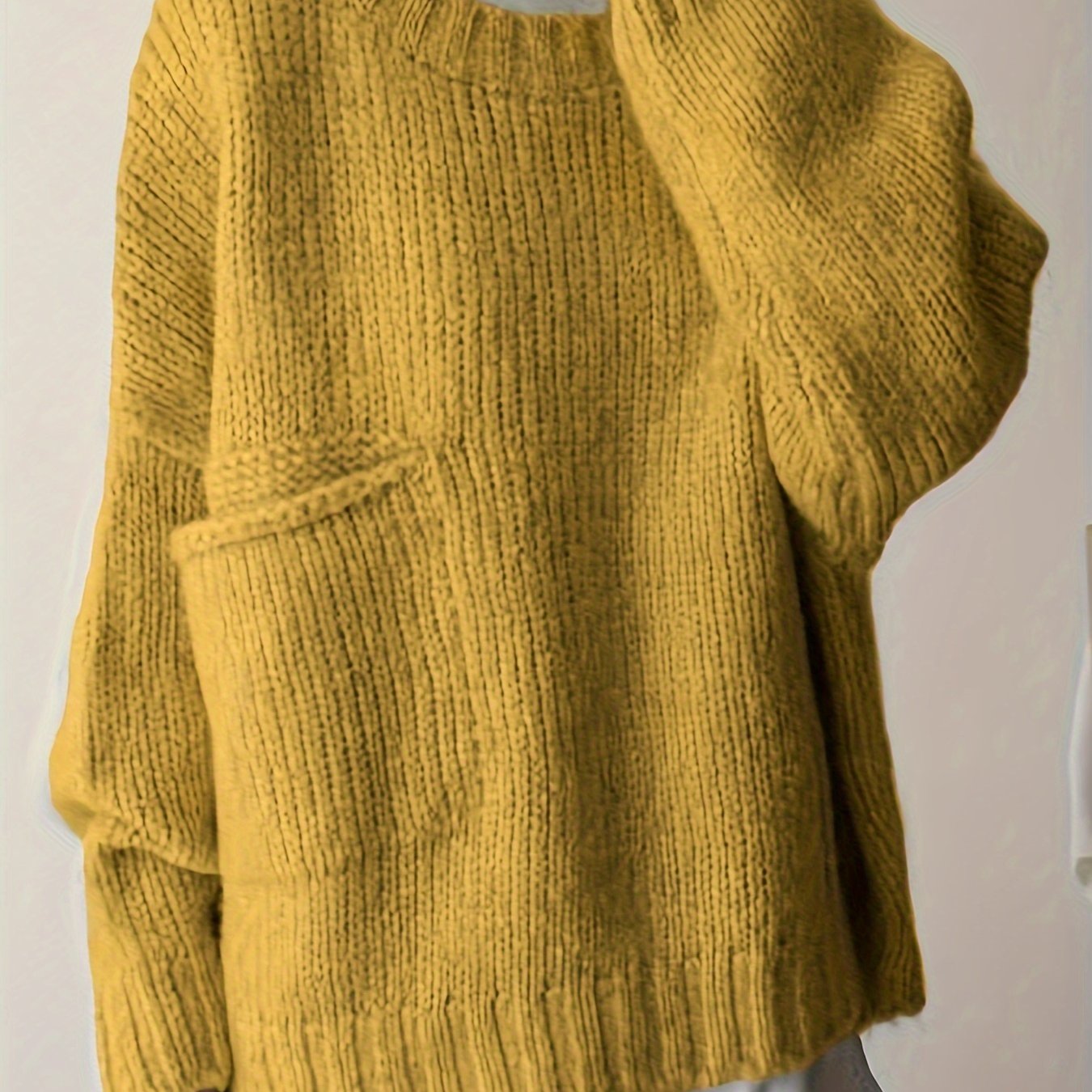 Suéter de punto verde de talla grande para mujer con bolsillos, cuello redondo, manga larga y cómodo