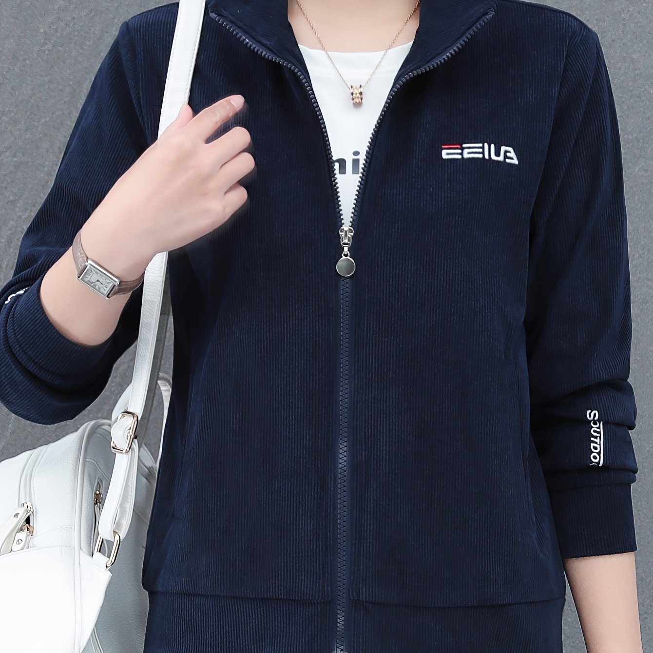 Women's Plus Size Olive Green Corduroy Jacket Casual Zip-Up Outerwear