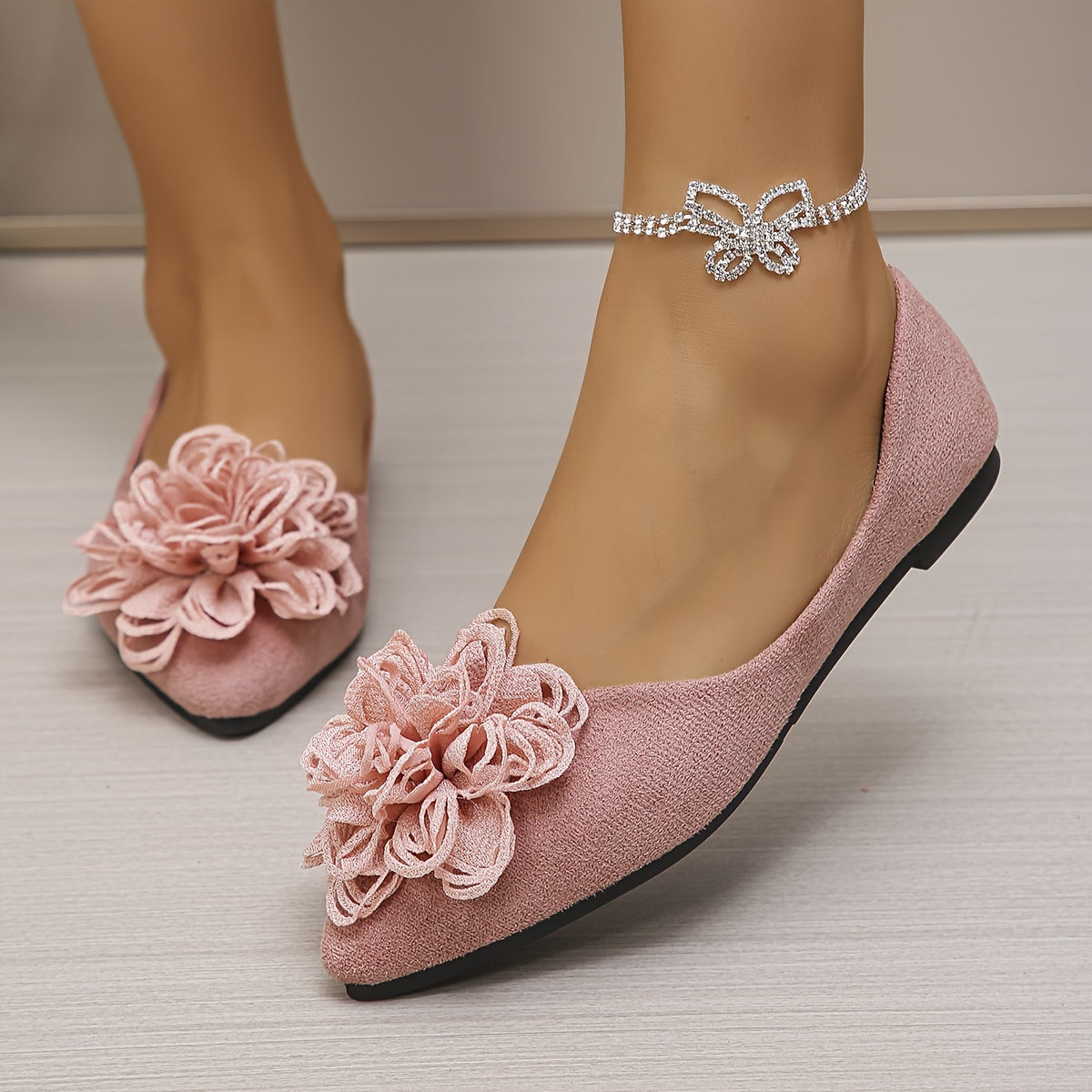 Women's Pink Flower Slip-On Flats Low Heel Summer Shoes