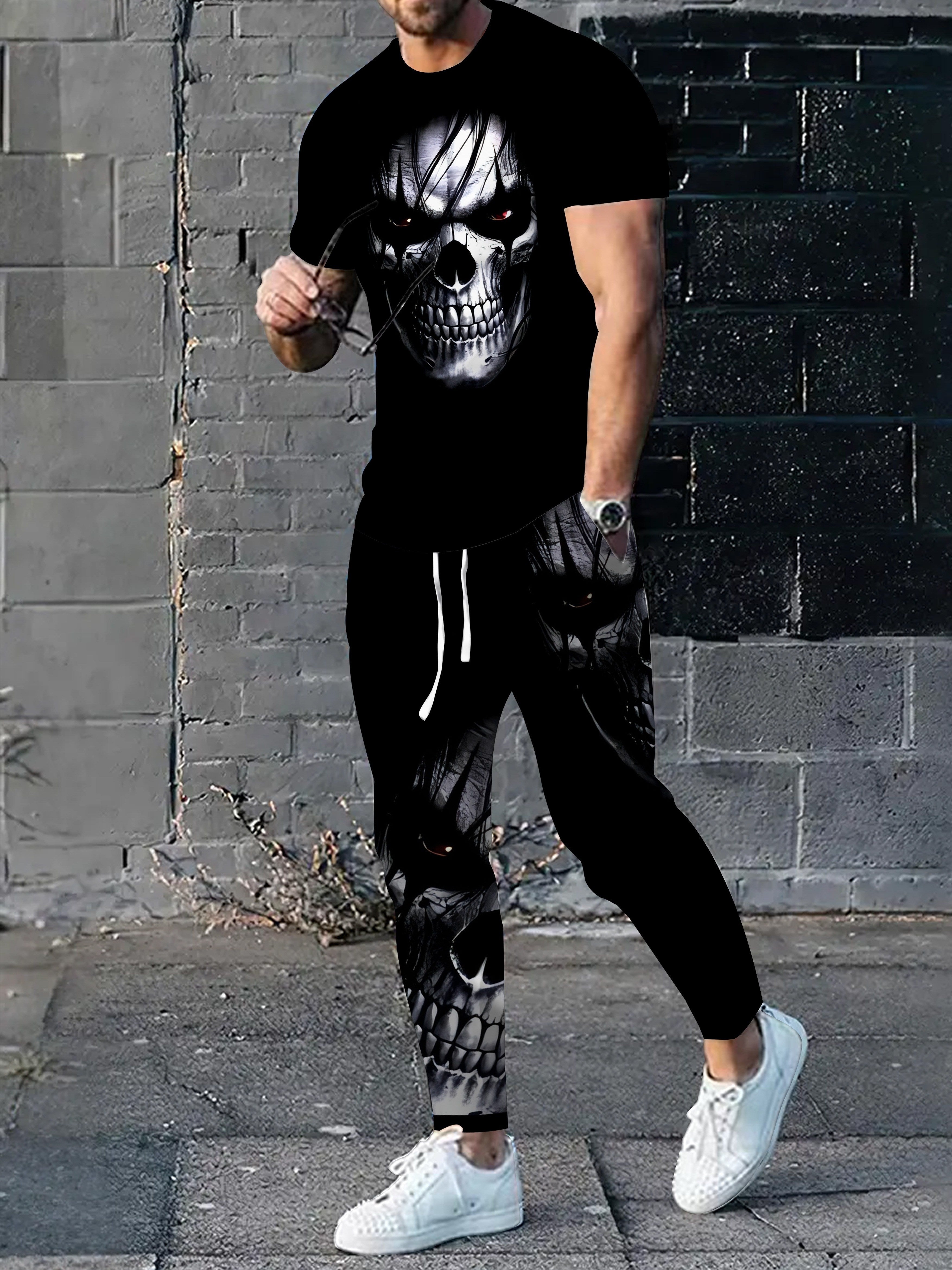 Plus Size Men's Polyester 3D Skull Print Sweatsuit Set with Pockets and Regular Fit