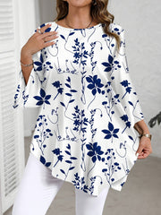 Plus Size Women's Floral Print Blouse Navy Blue White Relaxed Fit Summer Top