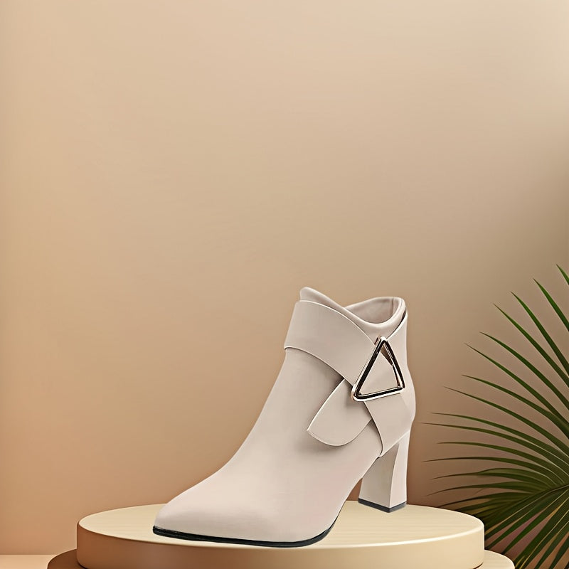 Women's Synthetic Ankle Boots with Chunky Heel Pointed Toe Beige