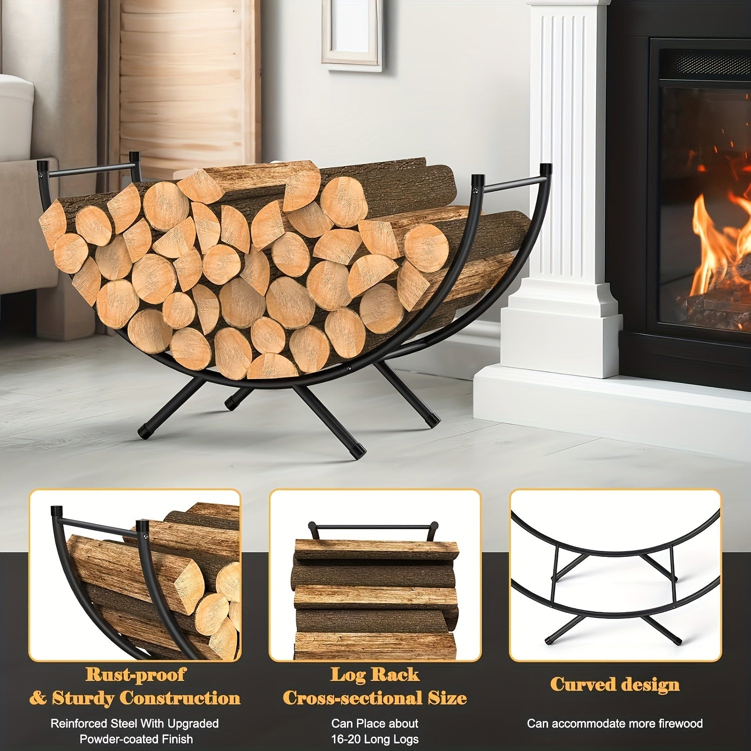 Metall doira shaklidagi yoqilg'i ushlagich, kichik dekorativ ichki/tashqi olov o'chiruvchi log rack, porch va patio uchun yog'och saqlash
