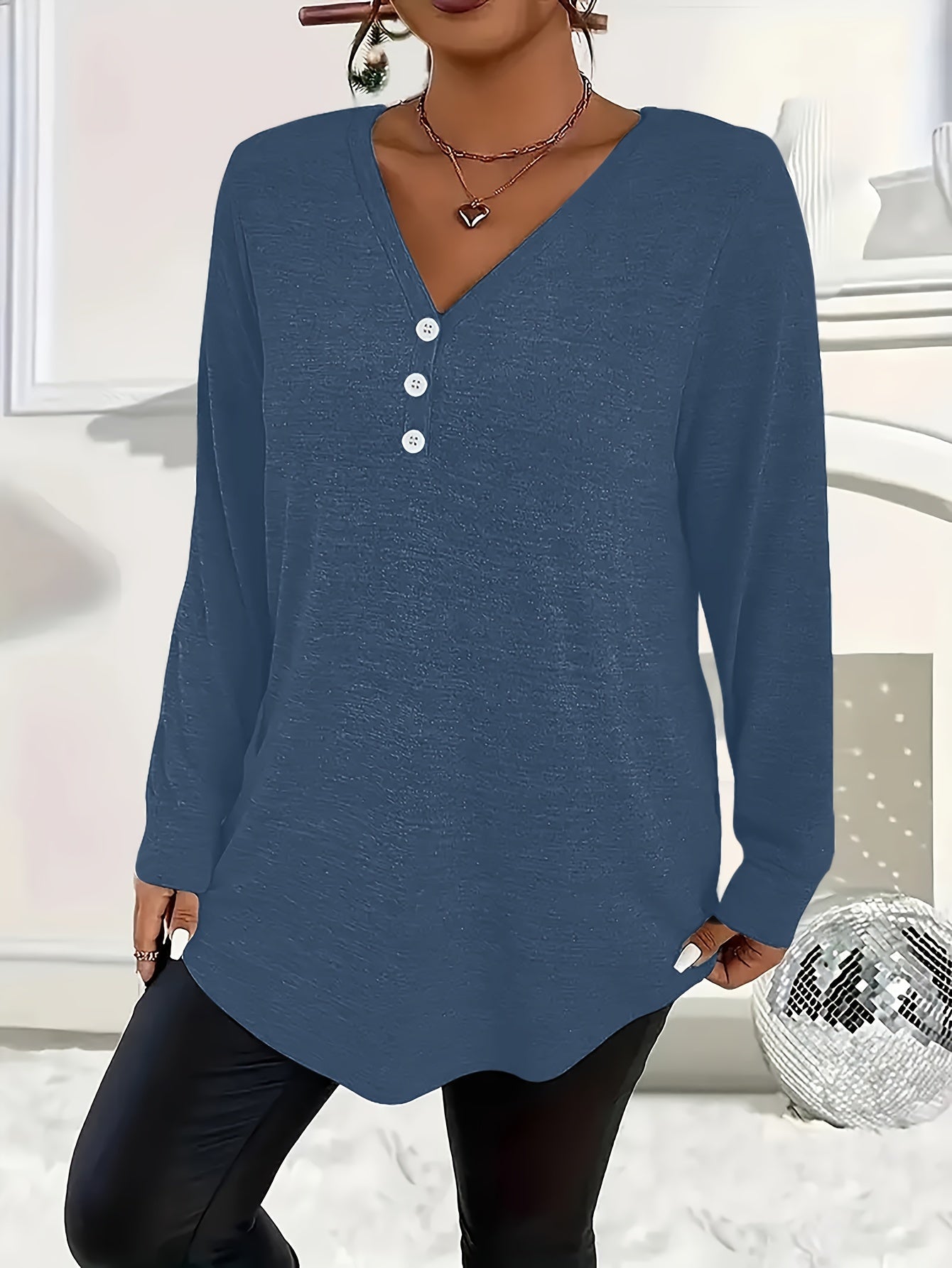 Women's Plus Size V-Neck Long Sleeve Top Polyester Knit Solid Color Fall Winter