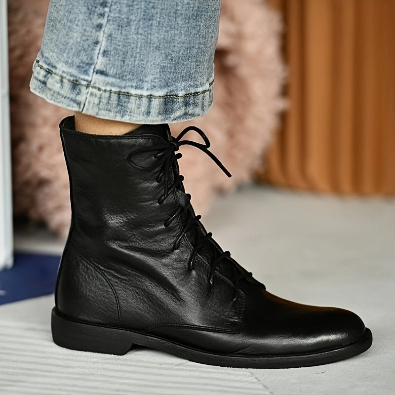 Women's Leather Round-Toe Flat-Soled Ankle Boots for Winter Casual
