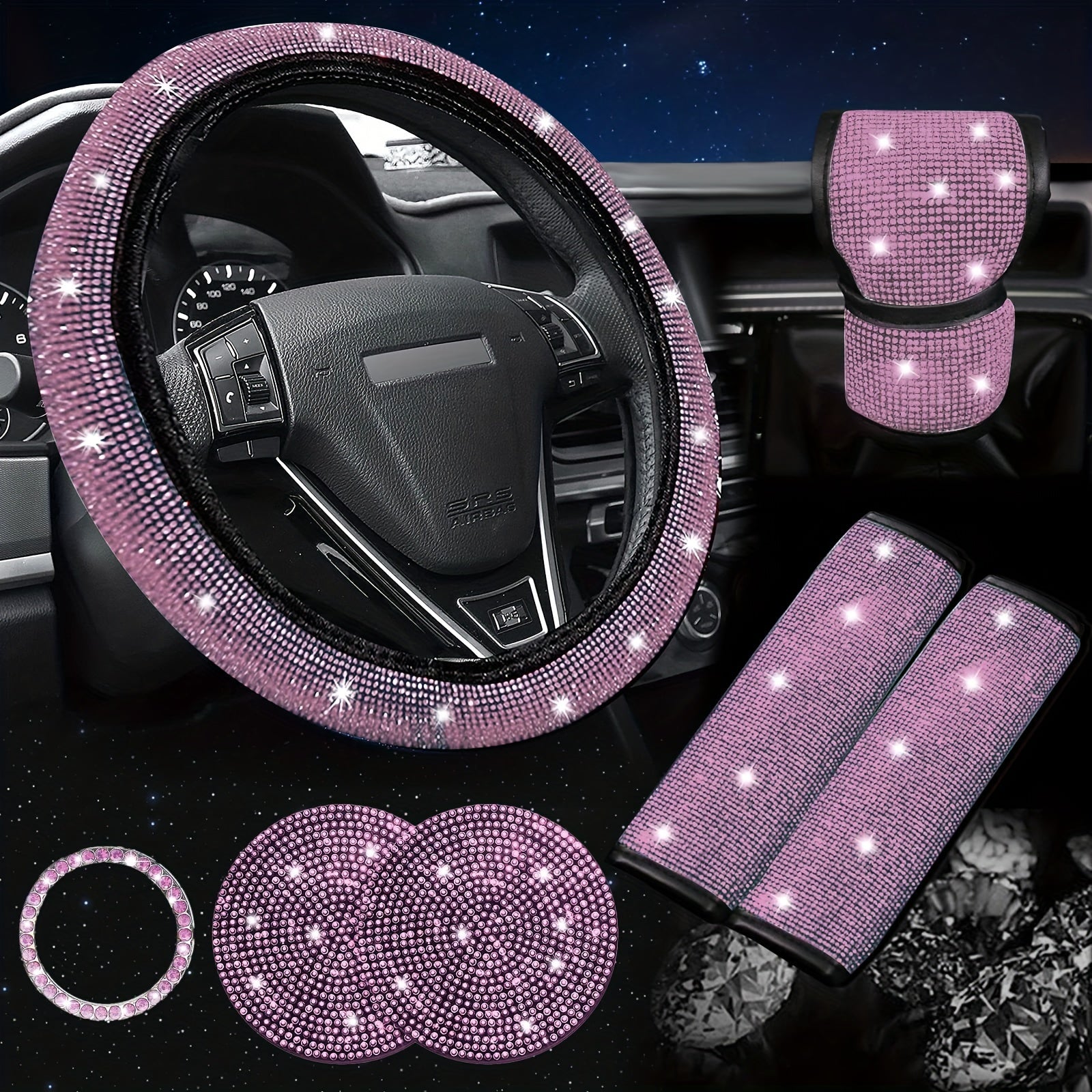 Bling Car Interior Accessory Set 7-Piece Diamond Steering Wheel Cover Rhinestone Seat Belt Coasters