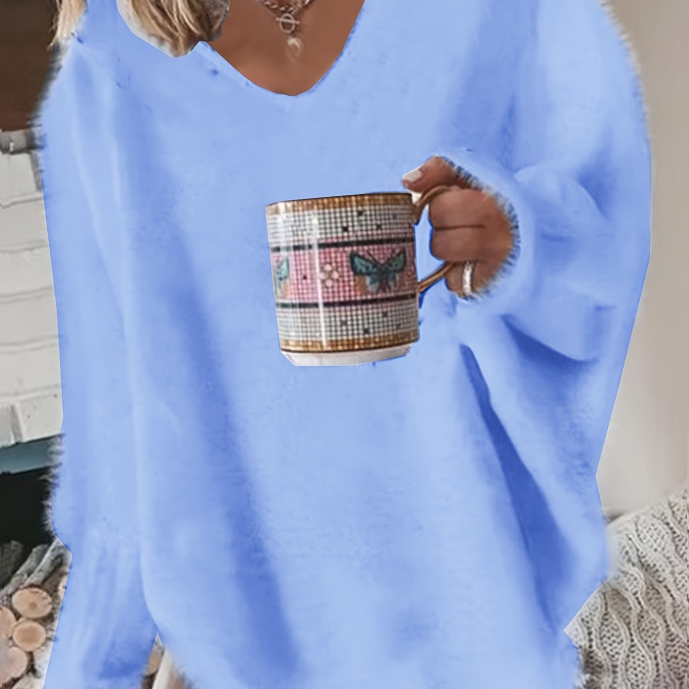 Women's Plus Size V-Neck Pullover Sweater Cozy Knit Fall Winter Solid Color