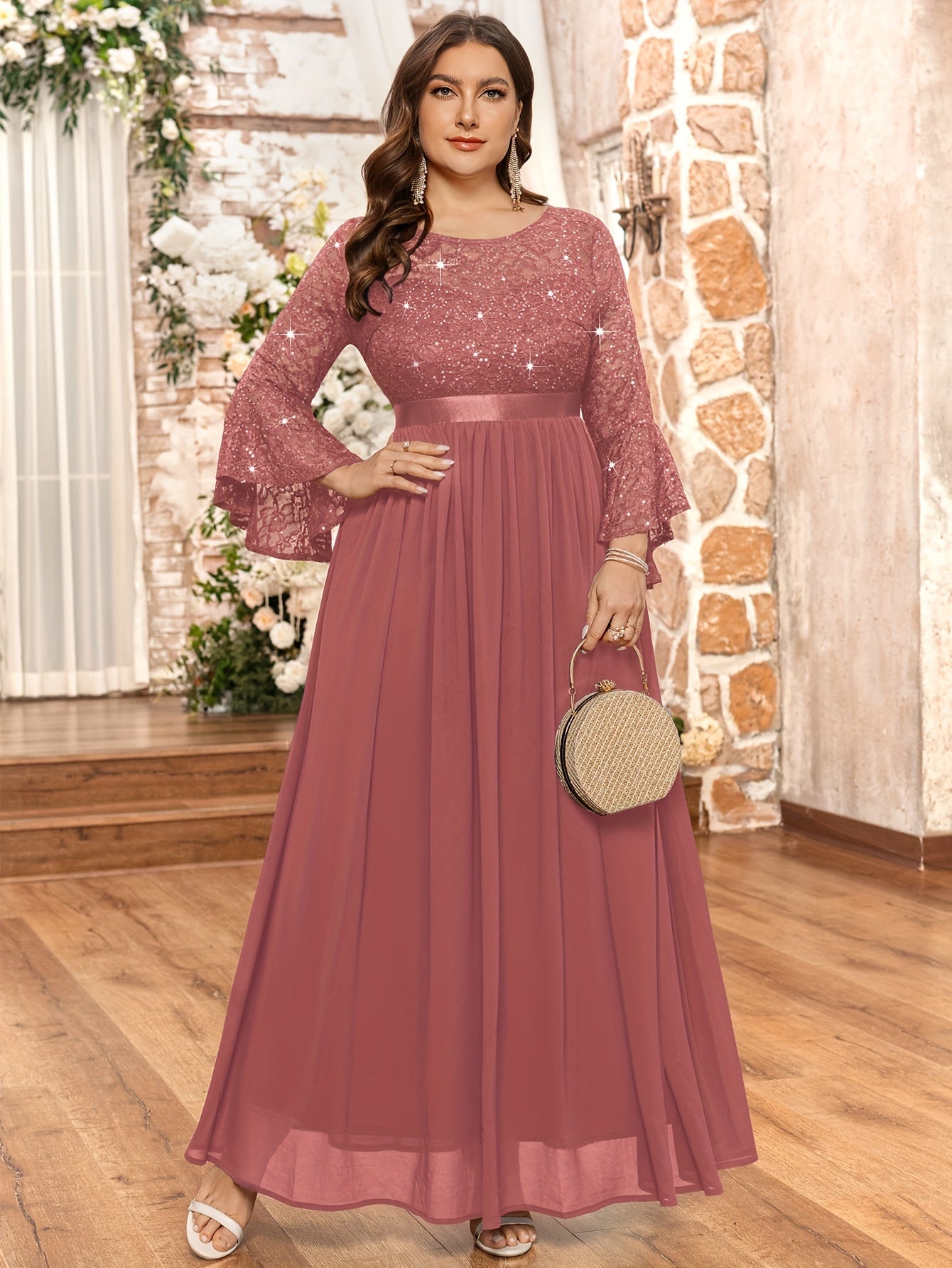 Plus Size Women's Sequin Long Dress Crew Neck Three Quarter Sleeve Evening Party