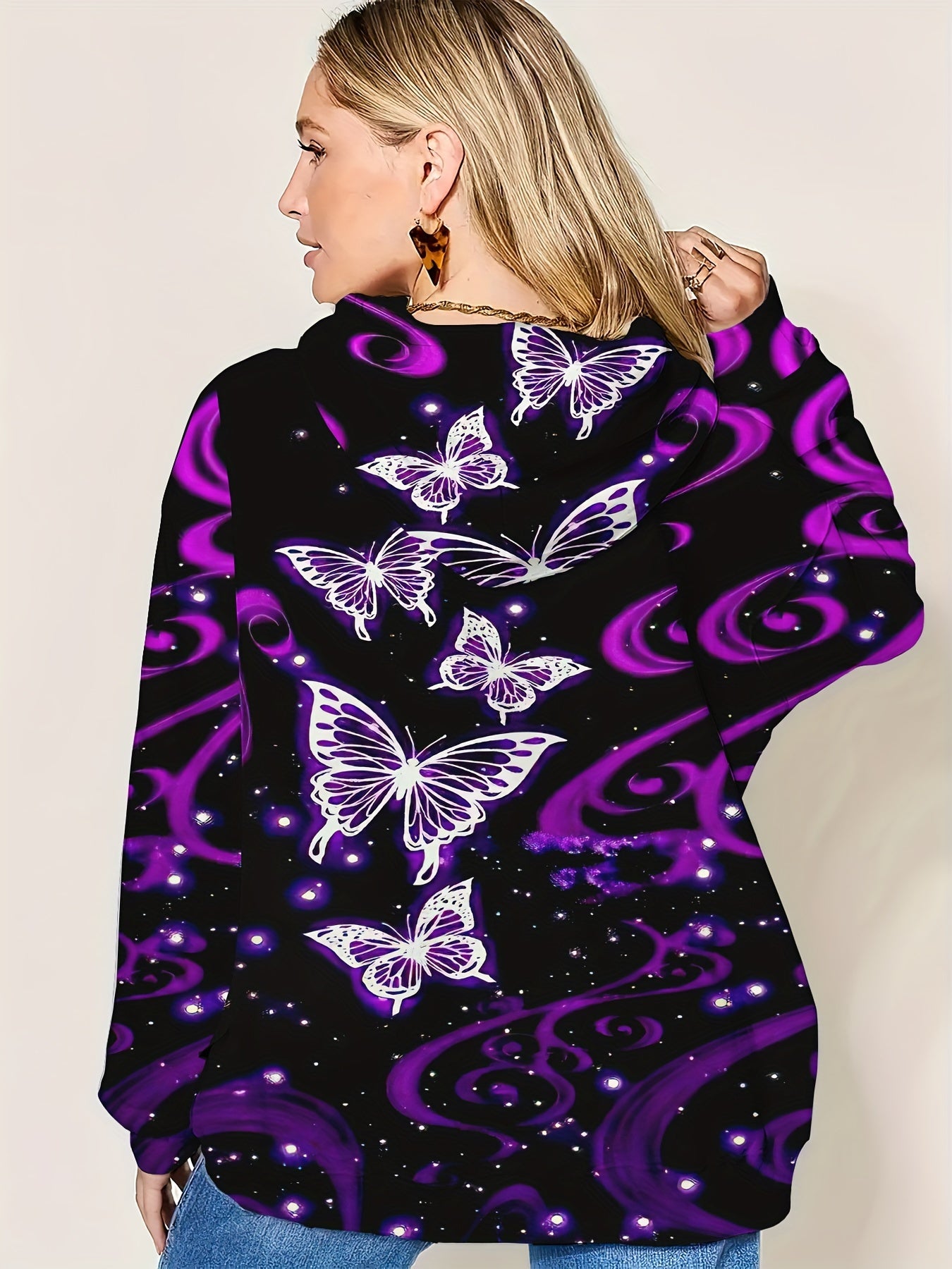 Толстовка с принтом бабочки для полных женщин, с длинными рукавами и капюшоном, на шнурке