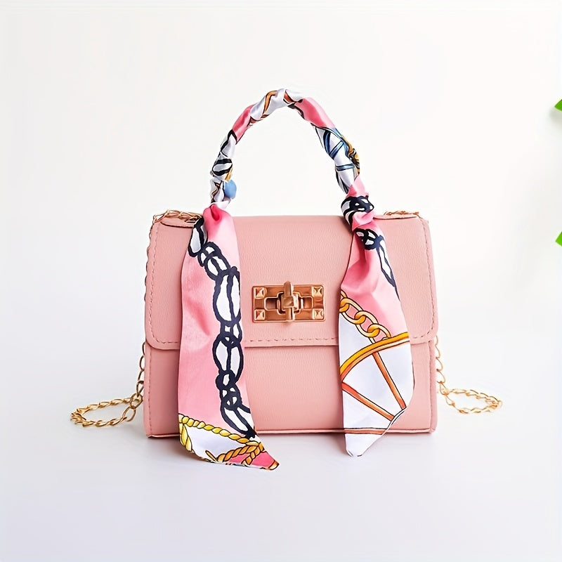 Women's PU Leather Crossbody Bag with Geometric Print and Scarf Accent