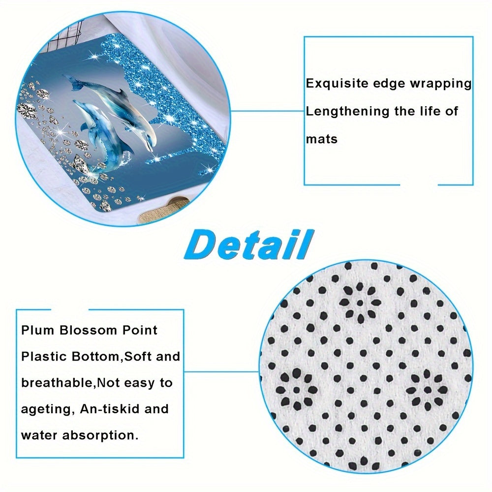 Blue 4-Piece Diamond Dolphin Bathroom Set Includes Shower Curtain Rug Toilet Mat