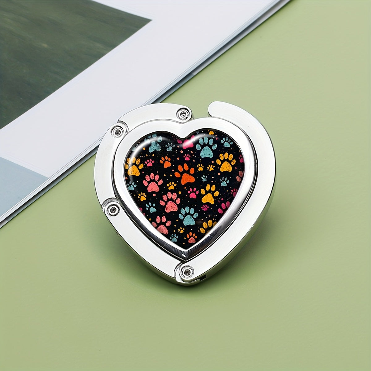 Heart-Shaped Foldable Purse Hook with Paw Print Design Zinc Alloy Handbag Table Hook