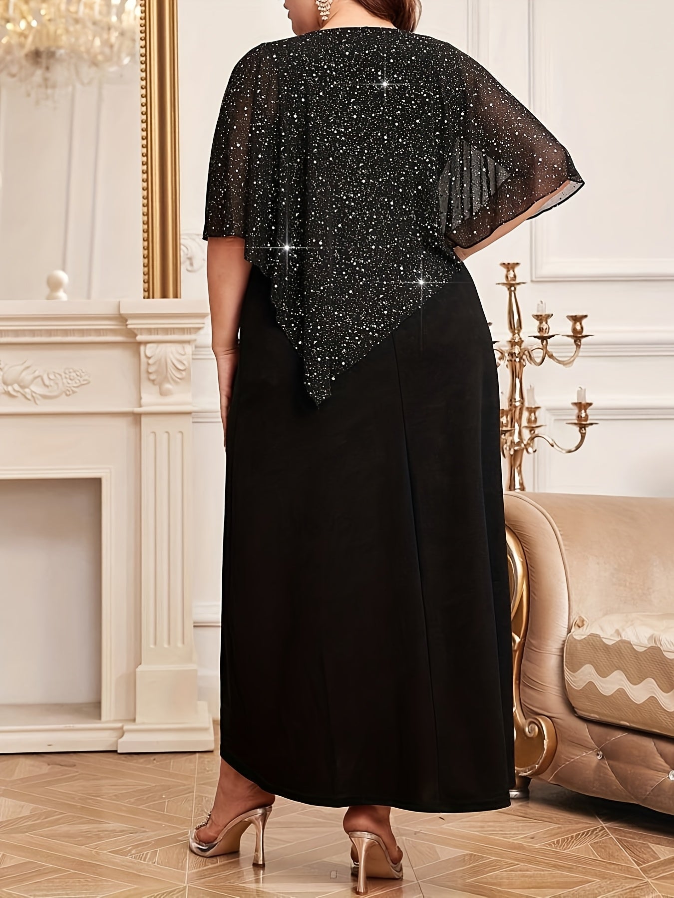 Women's Elegant Black Lace Off-Shoulder Chiffon Midi Evening Dress