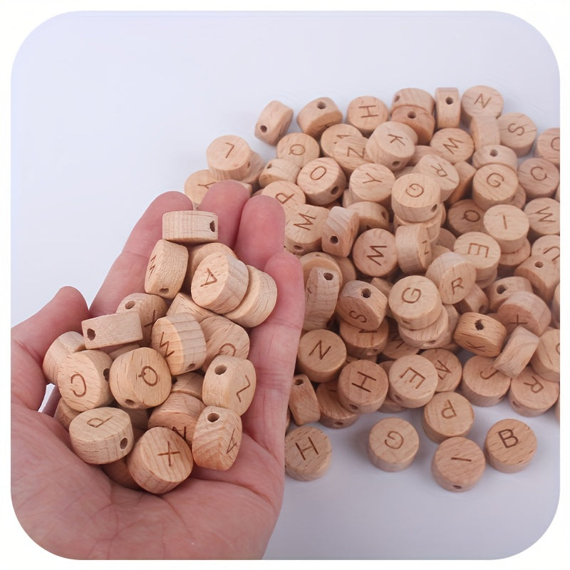 26 Pieces 15mm Beech Wood Flat Round Letter Beads for Jewelry Making
