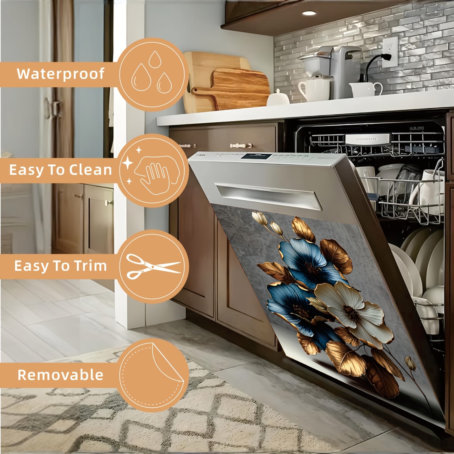 2D Flat Golden Blue White Lotus Flower Dishwasher Door Cover Sticker for Iron Surface Decoration