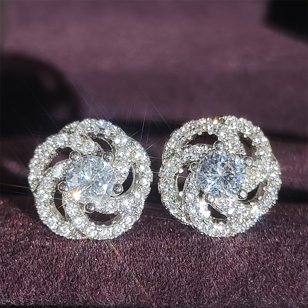 Sterling Silver Rose-Shaped Zirconia Stud Earrings for Women