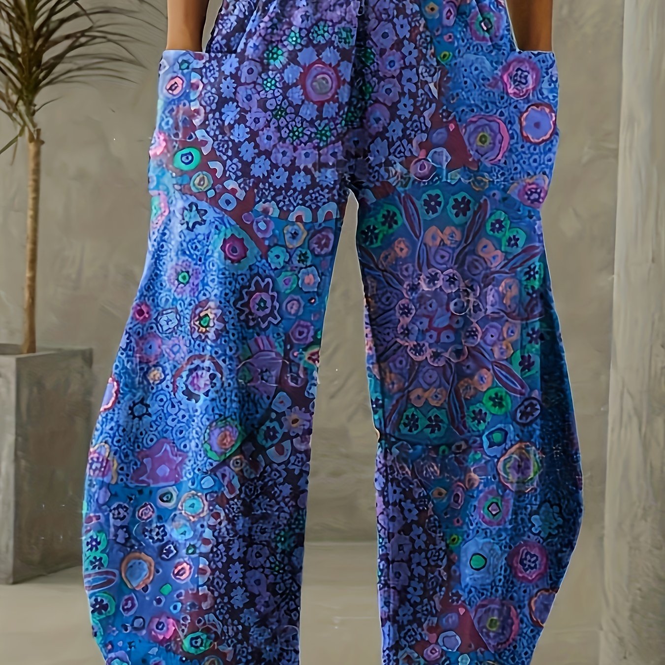Women's Wide-Leg Pants Retro Mandala Print Dual Pockets