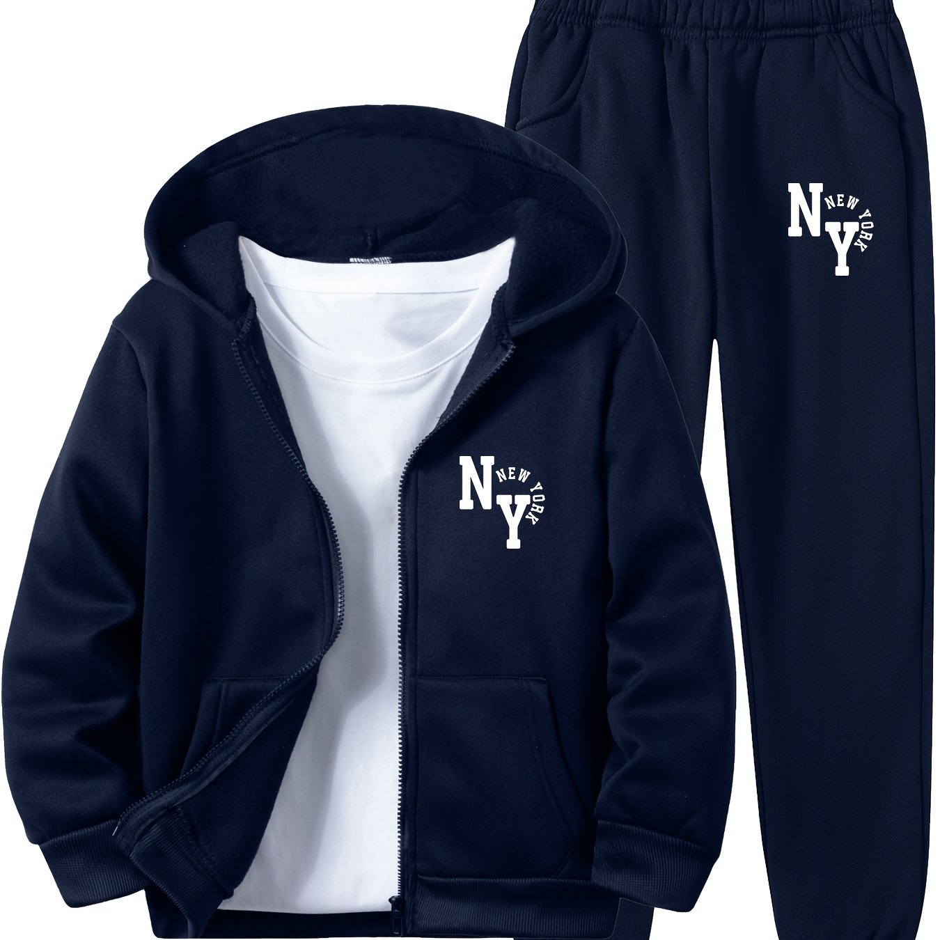 Boys Hoodie Set with New York Letter Print Long Sleeve Zip-Up Sports Jacket and Pants Fall Winter Casual