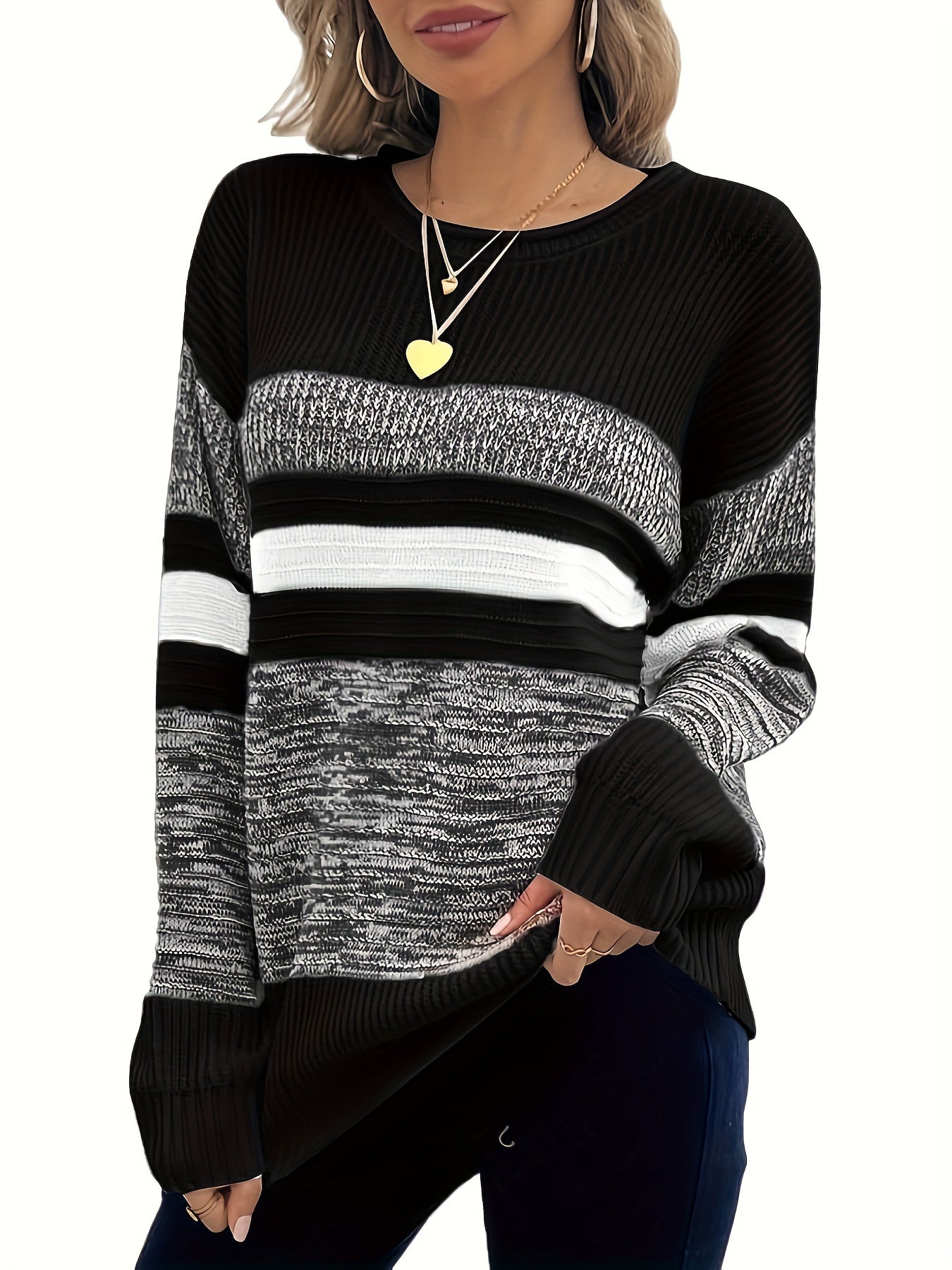 Women's Plus Size Knit Sweater, Striped Pullover, All-Season Casual, Acrylic