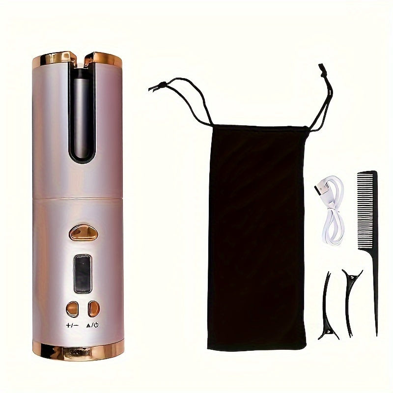 6-in-1 automatic curling iron with temperature settings rechargeable lithium battery ceramic barrel automatic shutoff blue black design