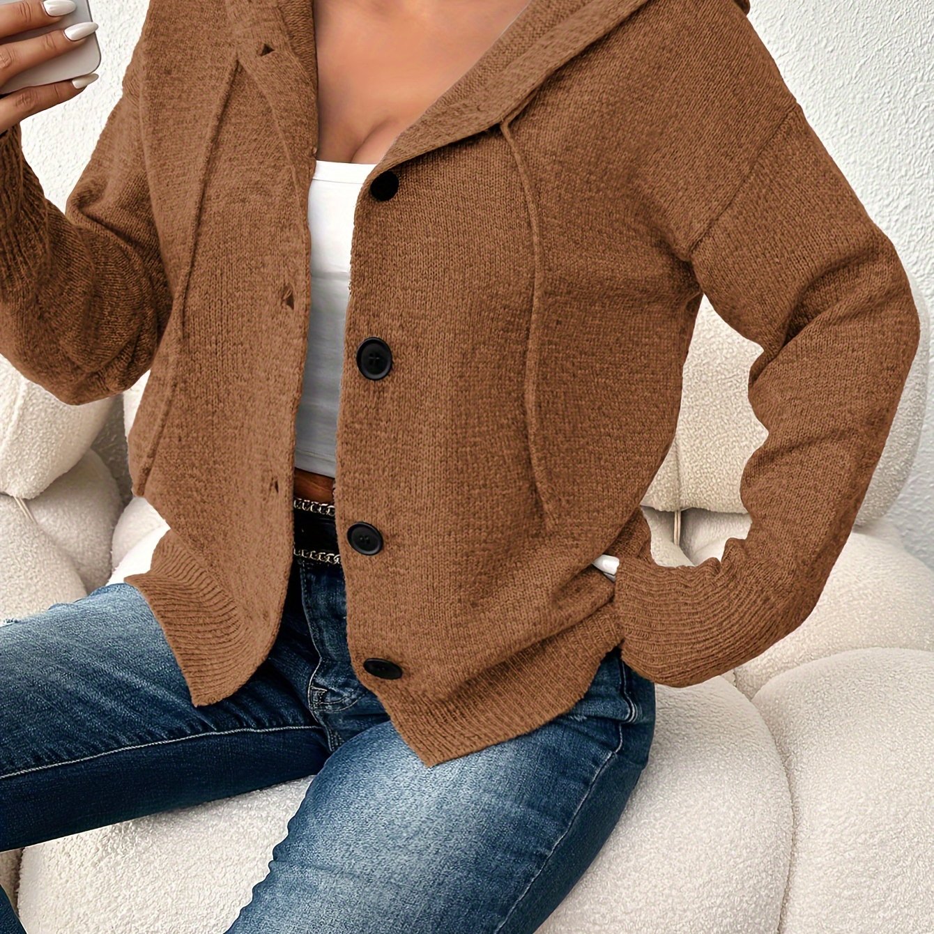 Женский кардиган с капюшоном, однородного цвета, на пуговицах, для полных женщин