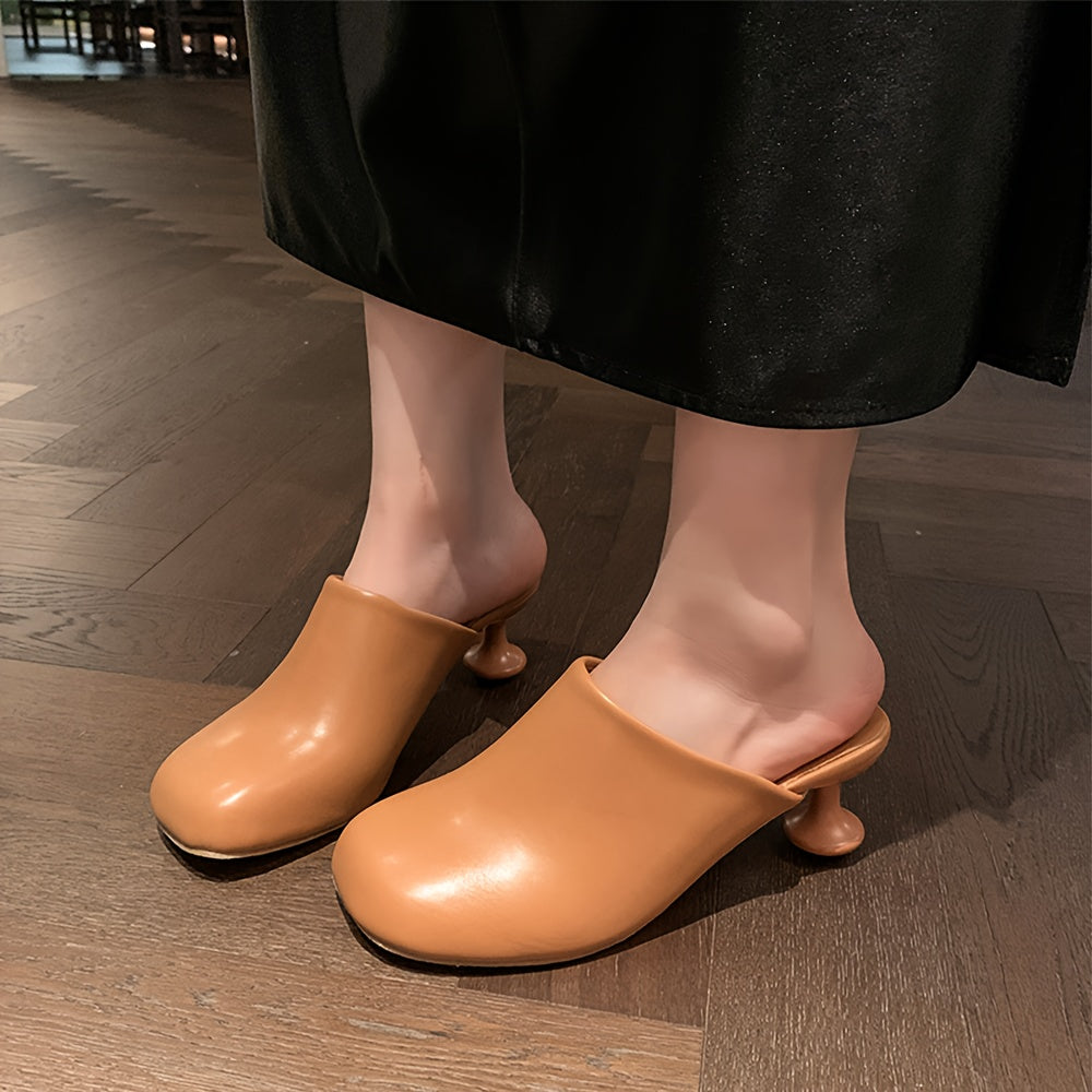 Women Beige Mules with Round Toe Contoured Heel Casual Formal Shoes