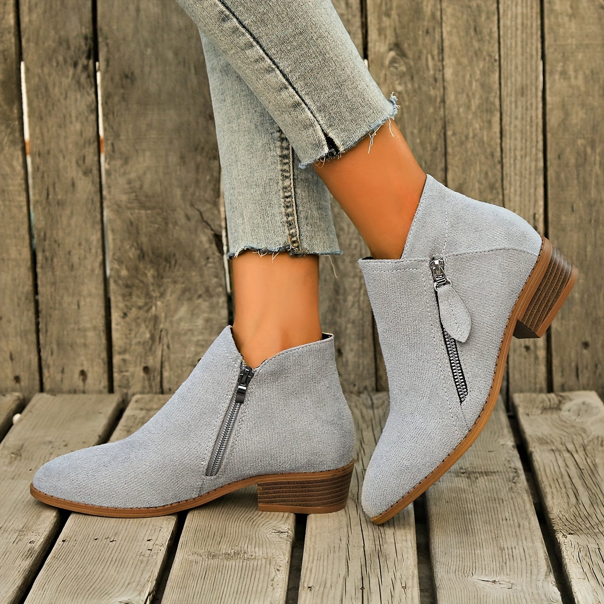 Women's Ankle Boots Retro Solid Color Casual Leather Footwear with Chunky Heel