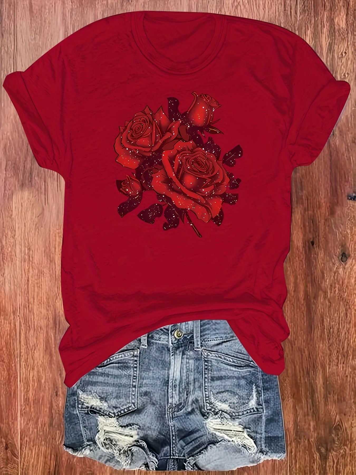 Women’s Red Floral Rose Print T-Shirt Casual Short Sleeve Polyester Spandex Top