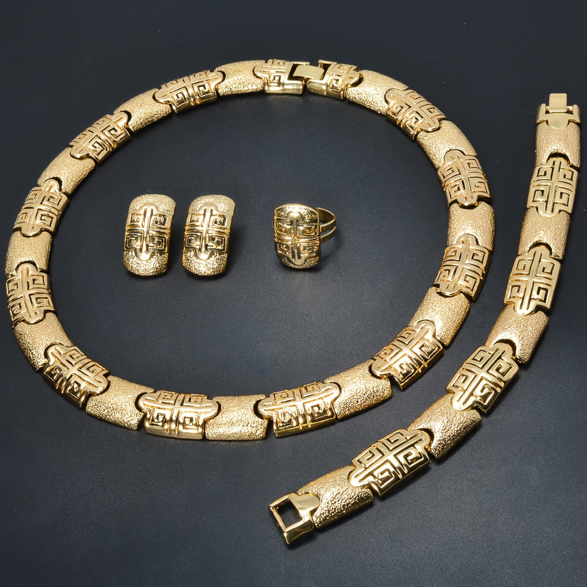 Women's Copper Jewelry Set with Necklace Bracelet Ring and Earrings Gold Textured Frosted Design