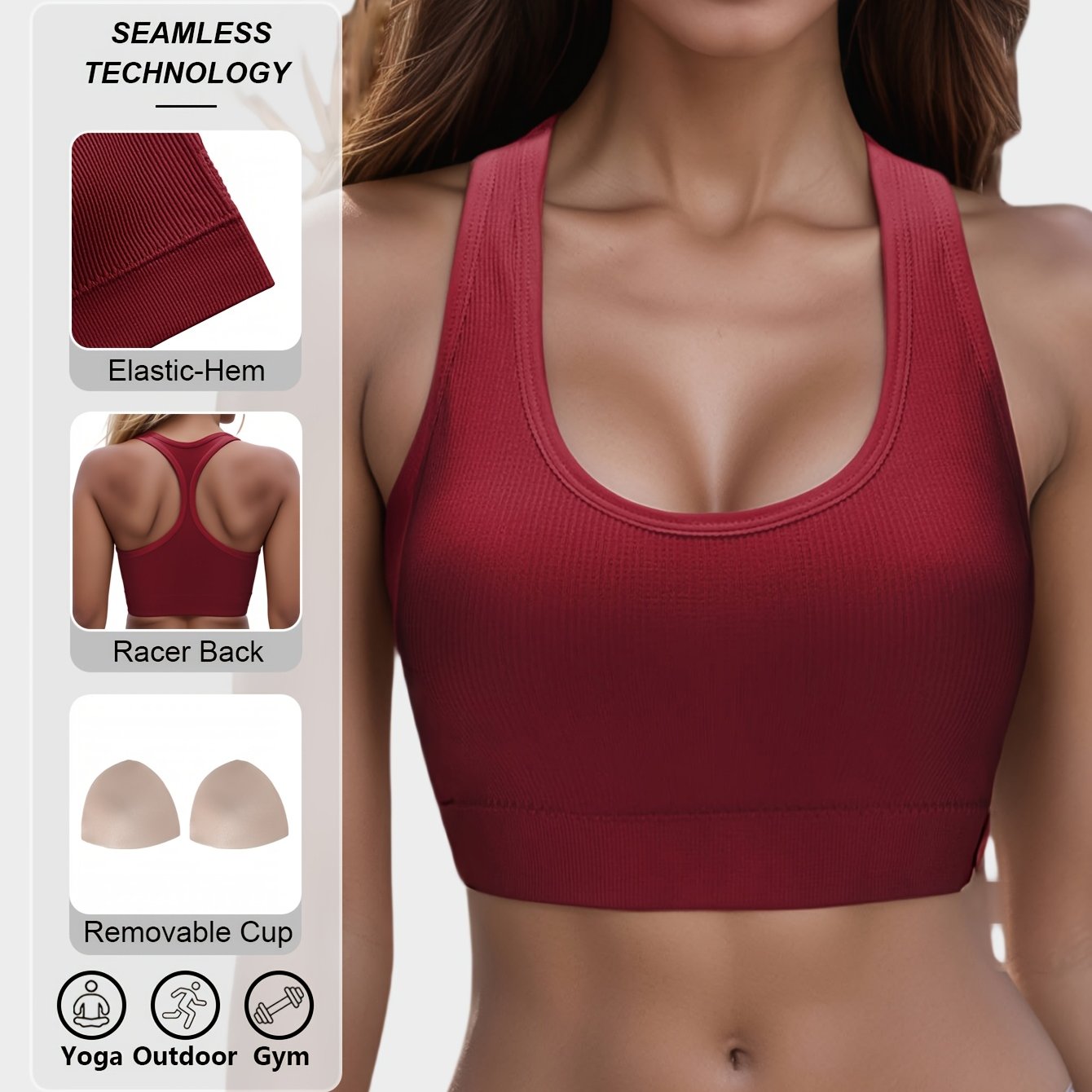 Lianshengfa yuqori elastik sport brassi intensiv mashg'ulotlar uchun, tikuvsiz va zarbaga chidamli, nafas olish uchun poyabzal dizayni bilan.