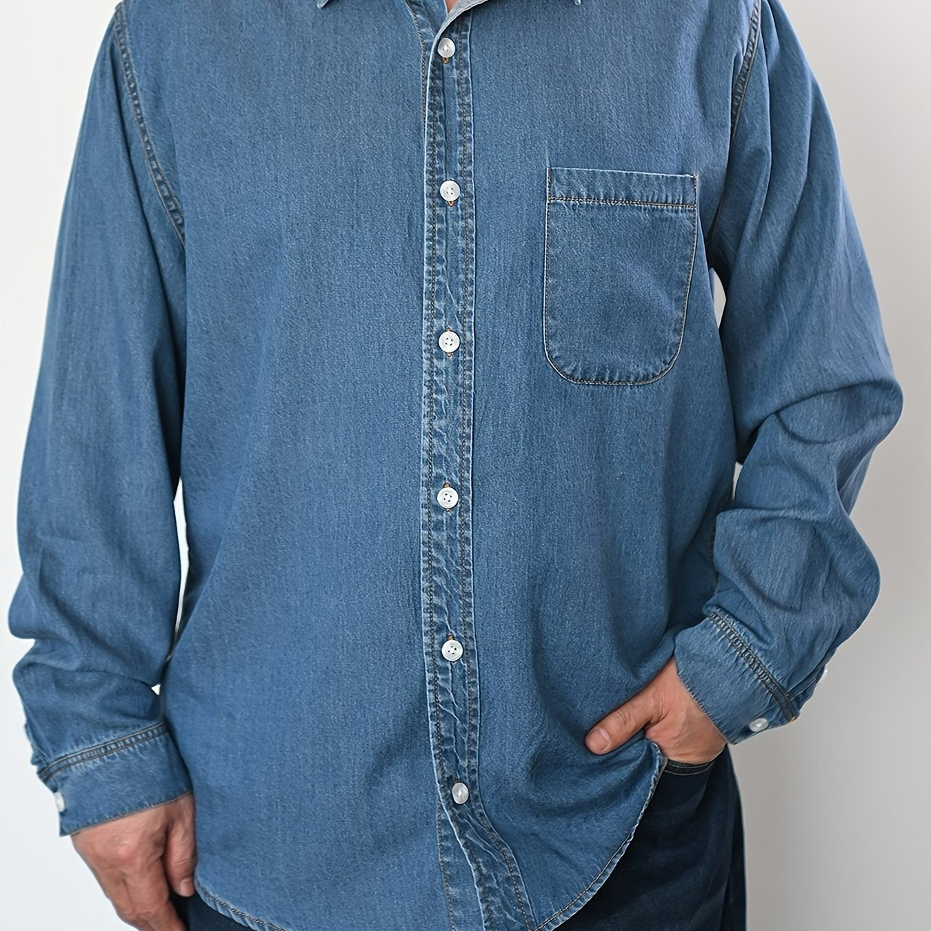 Men's Plus Size Denim Shirt Casual Woven Solid Color Button-Front Breathable Spring Fall Outdoor