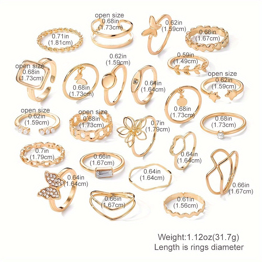 23-Piece Alloy Ring Set with Hollow Flowers and Butterflies Rhinestones for Casual Wear or Gift