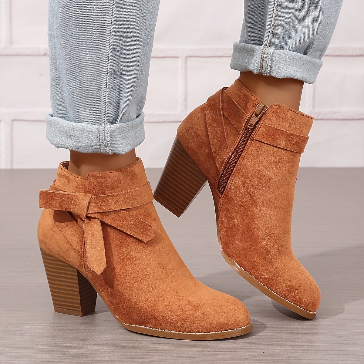 Women's Orange Ankle Boots with Chunky Heels and Side Zipper