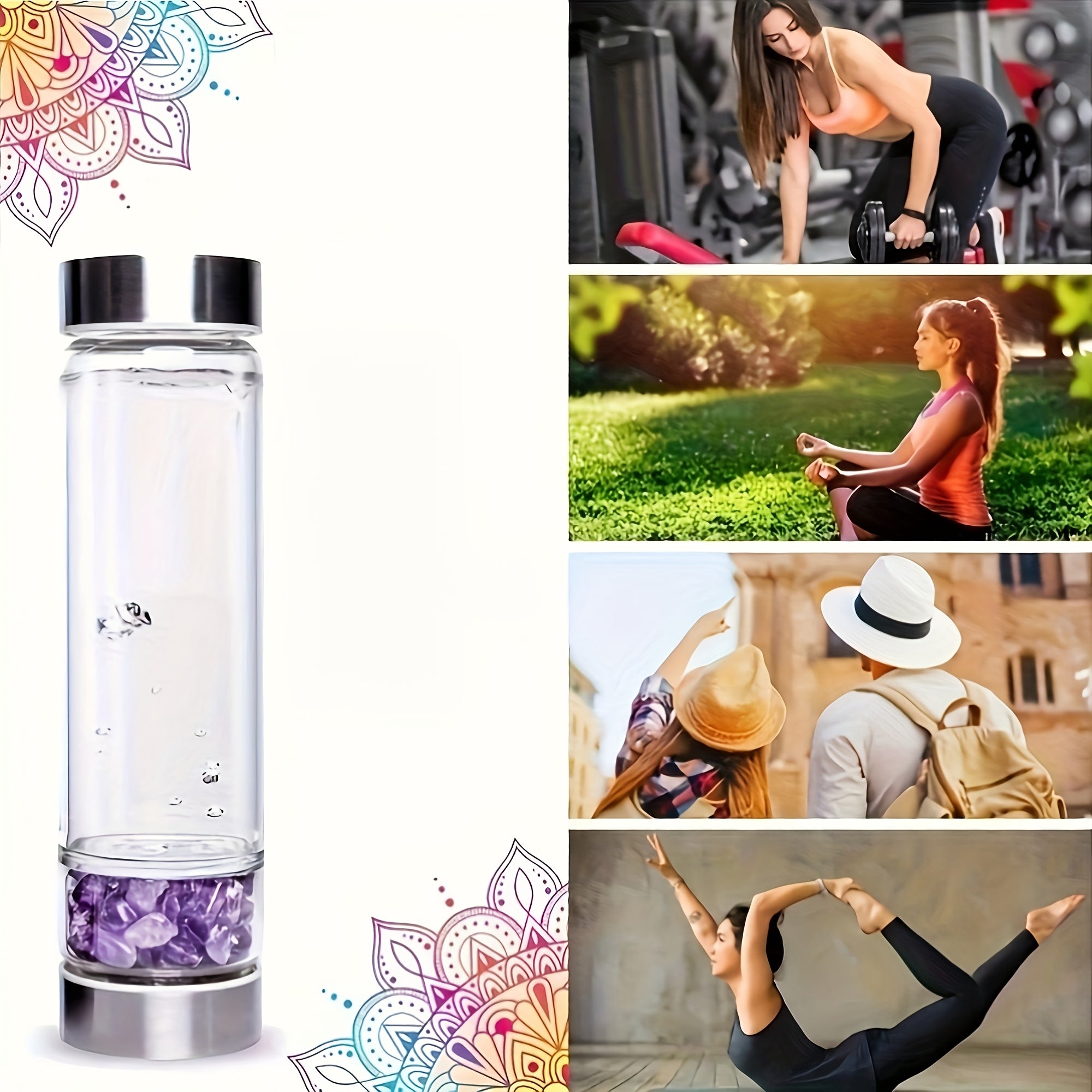 Glass Water Bottle with Amethyst Insert and Protective Cover