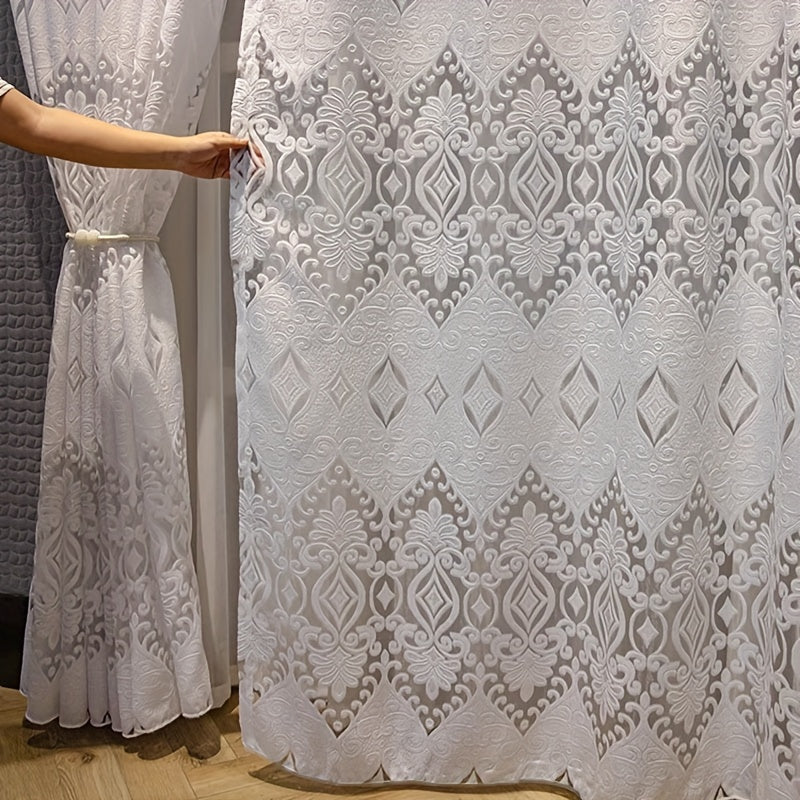 Sheer Curtains Set of 2 Brown and White European Villa Style Jacquard Embroidered for Living Room Bedroom