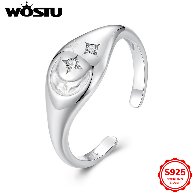 Women's Silver Open Ring with Star and Moon Design and Synthetic Zirconia Stones