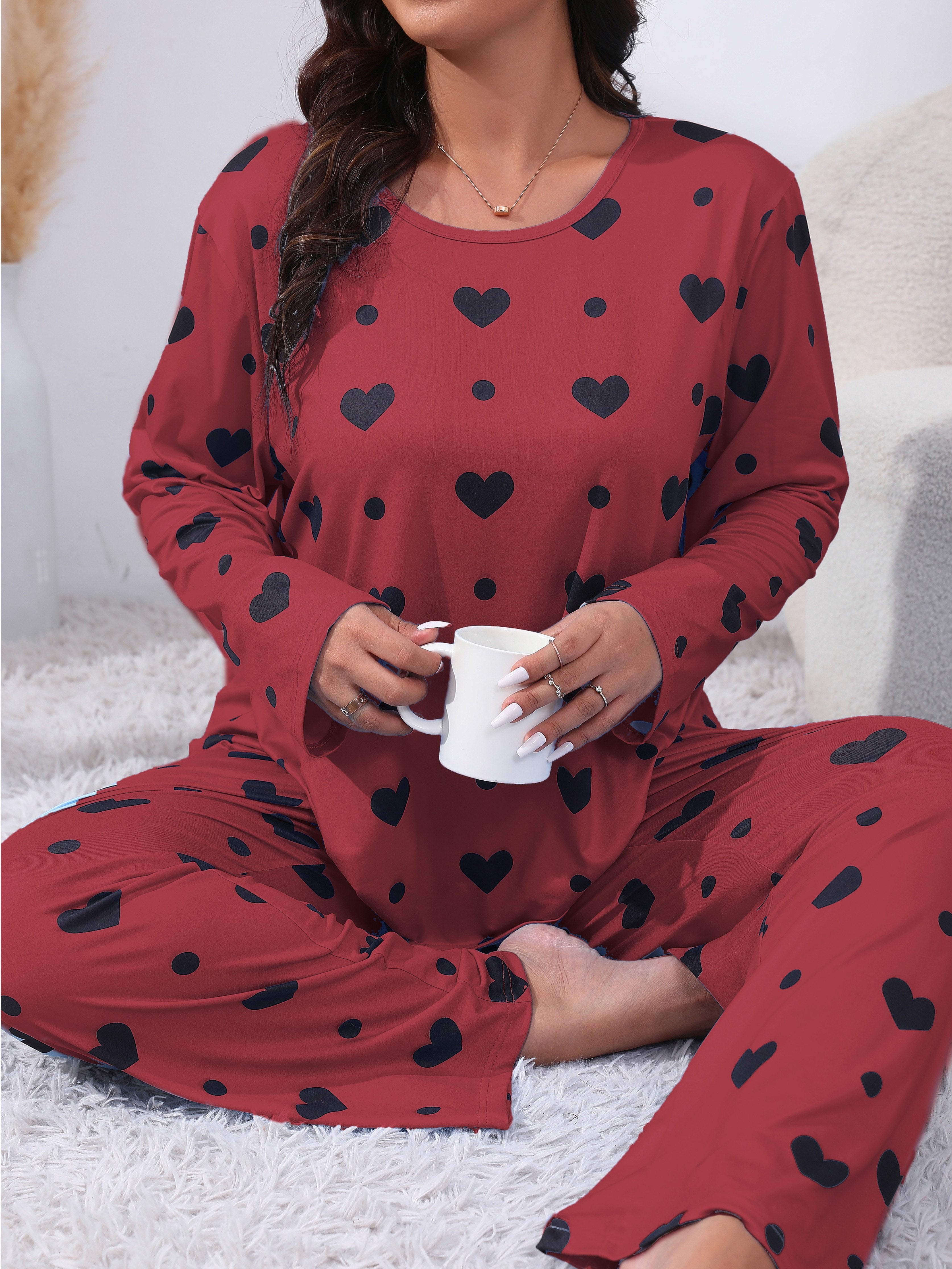 Plus Size Women's Pajama Set Long Sleeve Heart Print Lounge Two Piece
