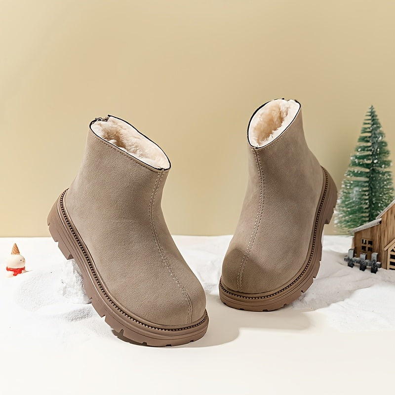 Kids Winter Ankle Boots with Plush Lining, Brown Fabric, Side Zipper, Casual Snow Booties
