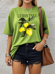 Plus Size Women's Casual T-Shirt Soft Lemon Tree Print Short Sleeve Loose Fit