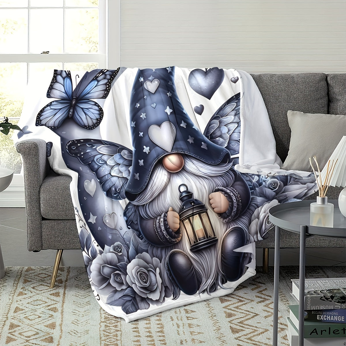 Cozy Flannel Throw Blanket with Gnome and Butterfly Print for Couch Bed or Travel