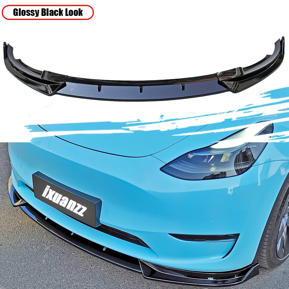 Front Bumper Lip Splitter Carbon Fiber Style for Tesla Model Y and 3pcs Gloss Black