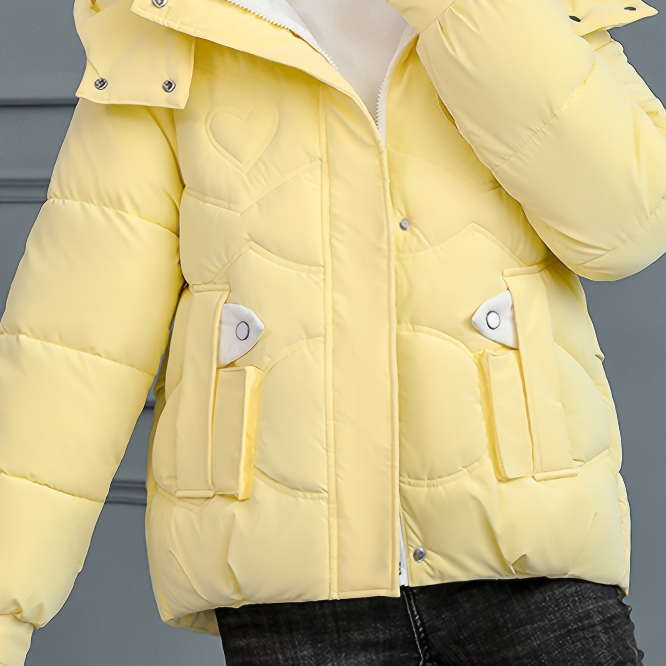 Women's Black Winter Jacket Polyester Hooded Zipper Casual Fall Winter Heart Logo