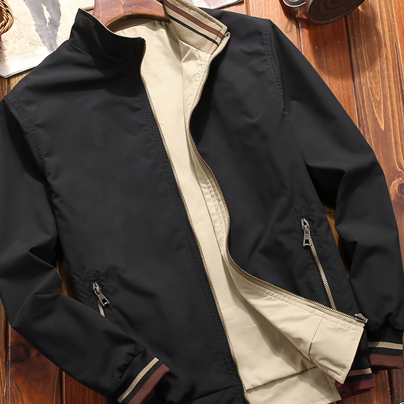 Zamonaviy Pearson OBM Erkaklar uchun Tasodifiy Ikki Tomonlama Kurtka, Chiziqli Uzoq Yengli Zip-Up, Cho'ntaklar, Turg'un Yelka, Yengil Polyester Aralashmasi, Bahor va Kuz uchun Ideal