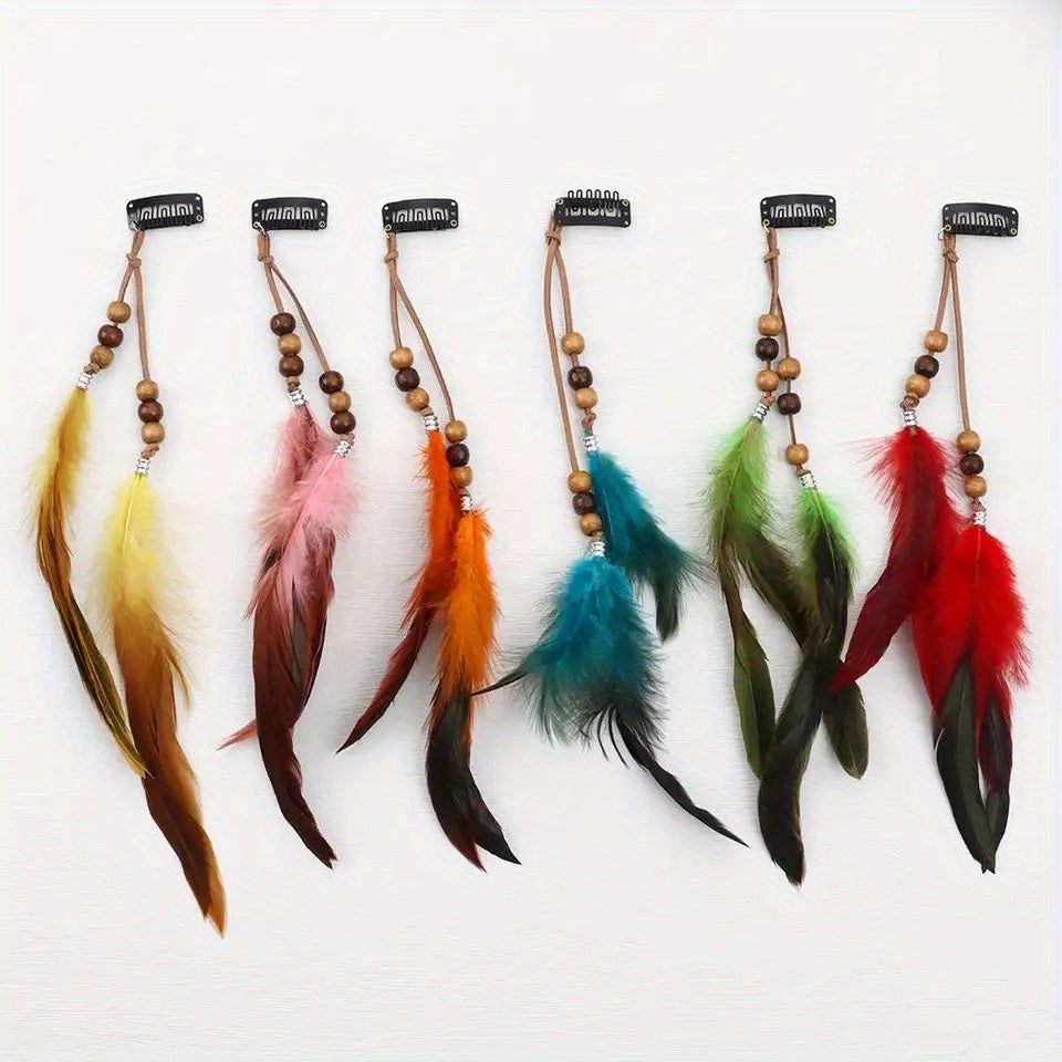 Ethnic Feather Hair Clip Set with Tassels, 6 Colorful Hand-Braided Feathers for Women