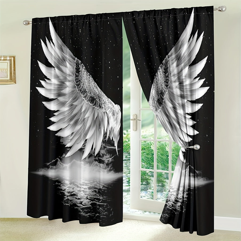 Black Art Window Curtains Angel Wings Stars Celestial Decor for Bedroom Living Room Office