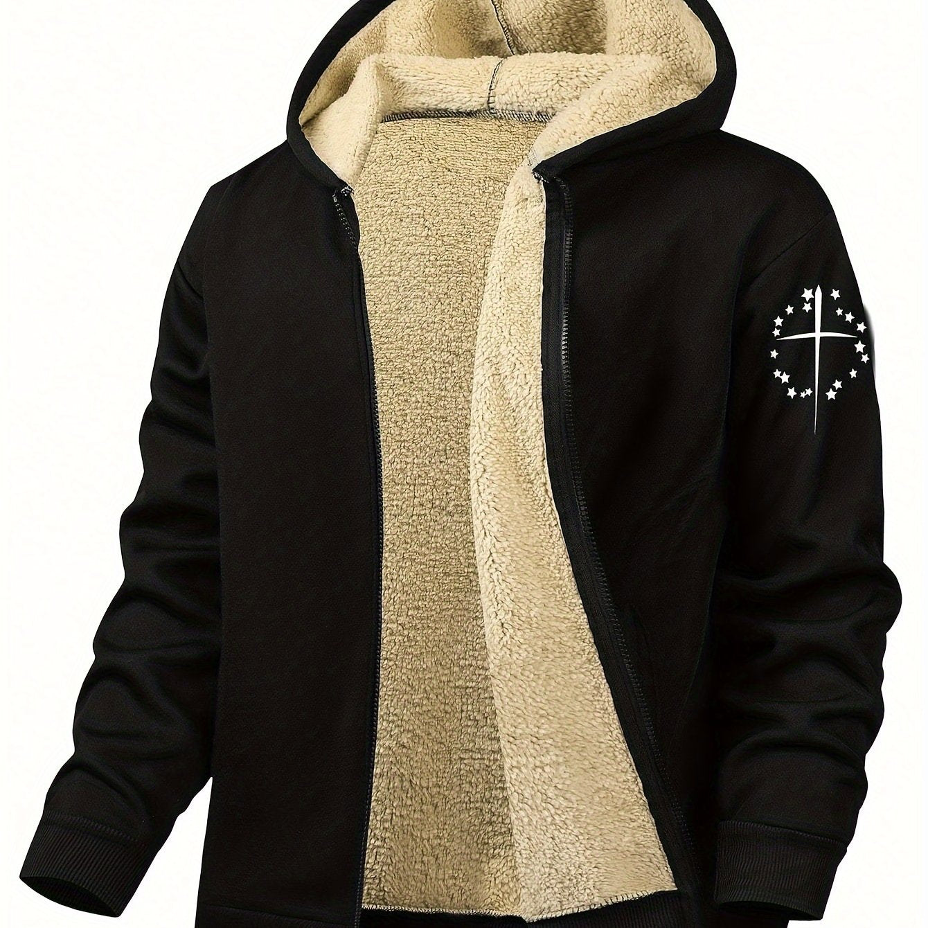Men's Hooded Jacket with Print Pattern Polyester Knit Fabric Regular Fit Zipper Pockets for Fall Winter