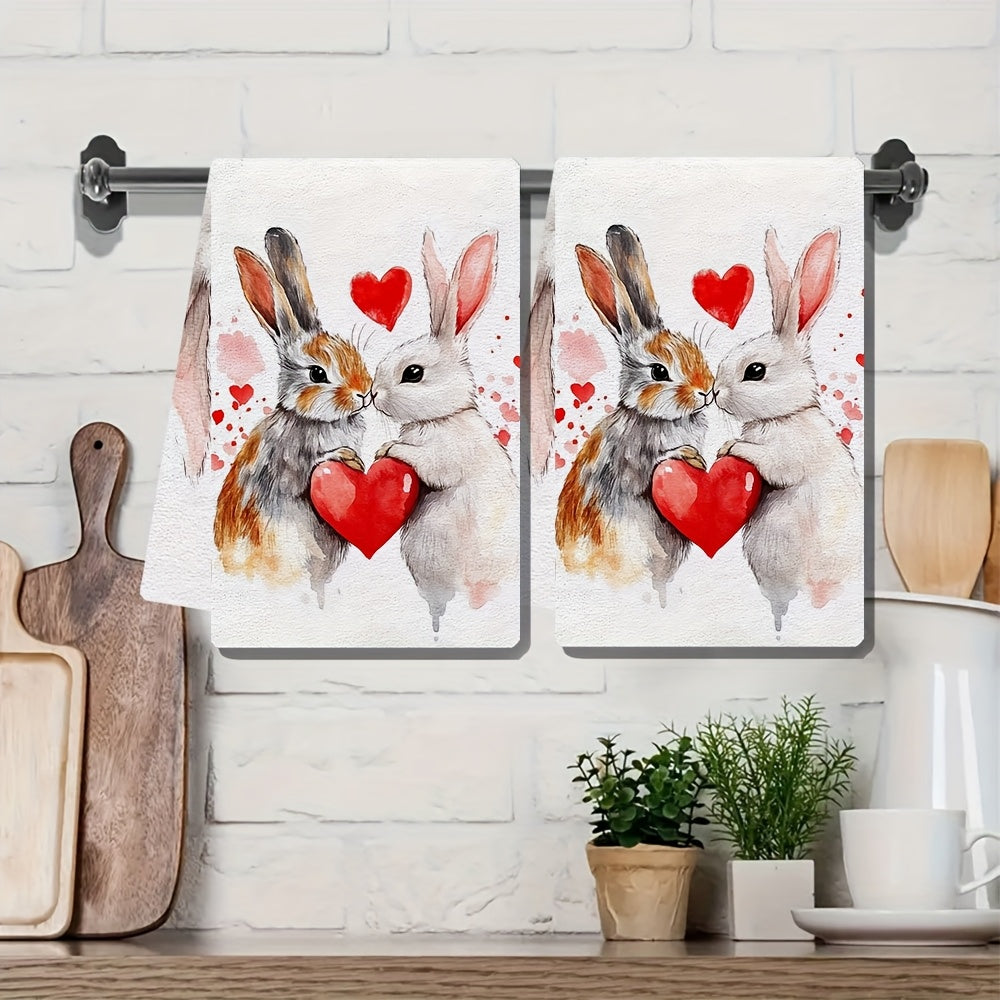 Valentine's Day Kitchen Towels Set 2 Ultra Soft Absorbent Bunny Heart Design