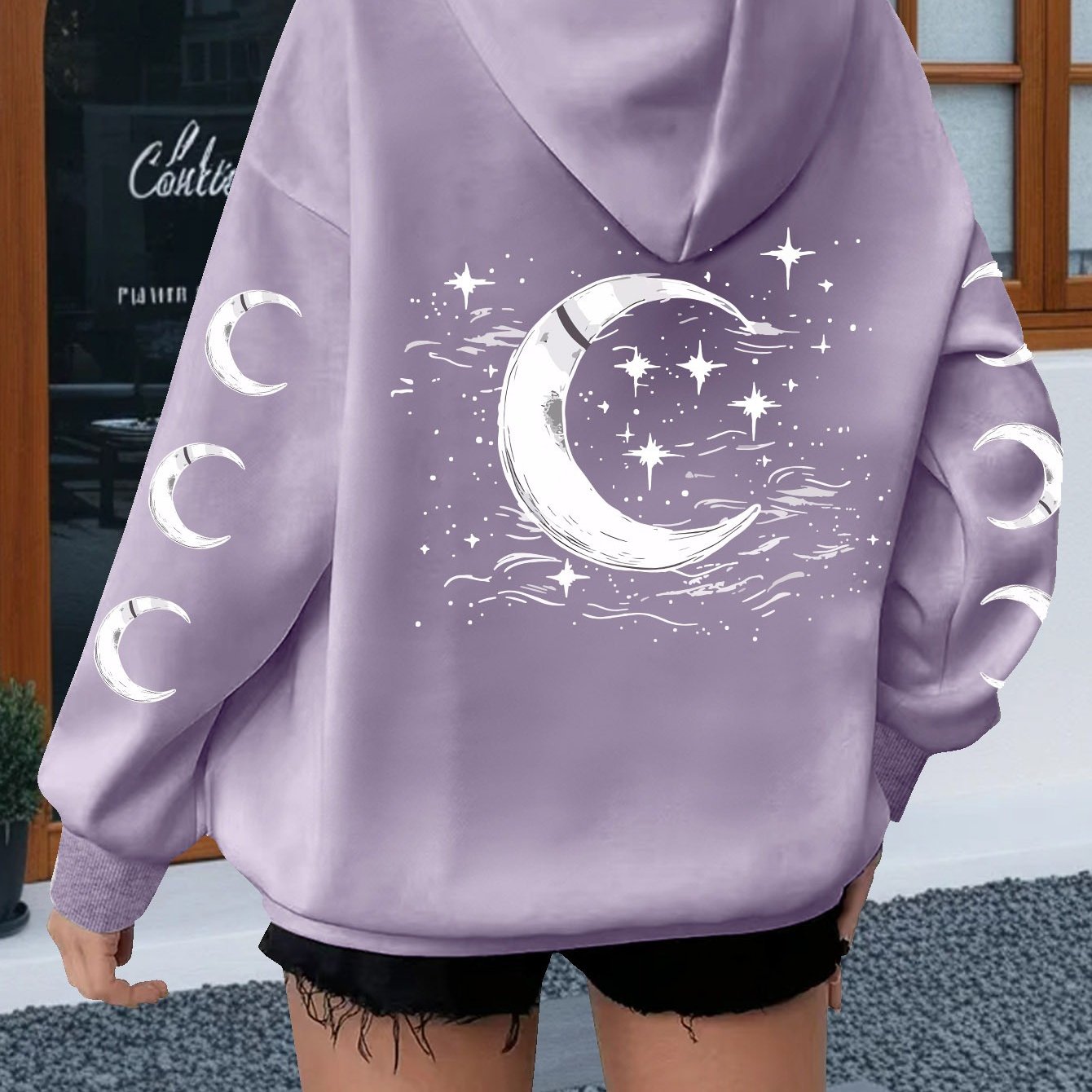 Plus Size Women's Sun Moon Stars Print Hoodie Casual Long Sleeve Pullover